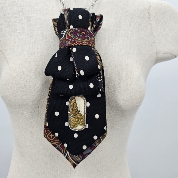 Upcycled Polka Dot Moth Paisley Necktie Necklace - Picture 2 of 3